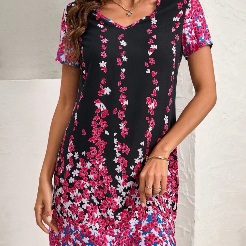 New Boho Floral Print Black Pink White Blue V Neck Short Sleeve Mini Tunic Dress - Picture 13 of 13